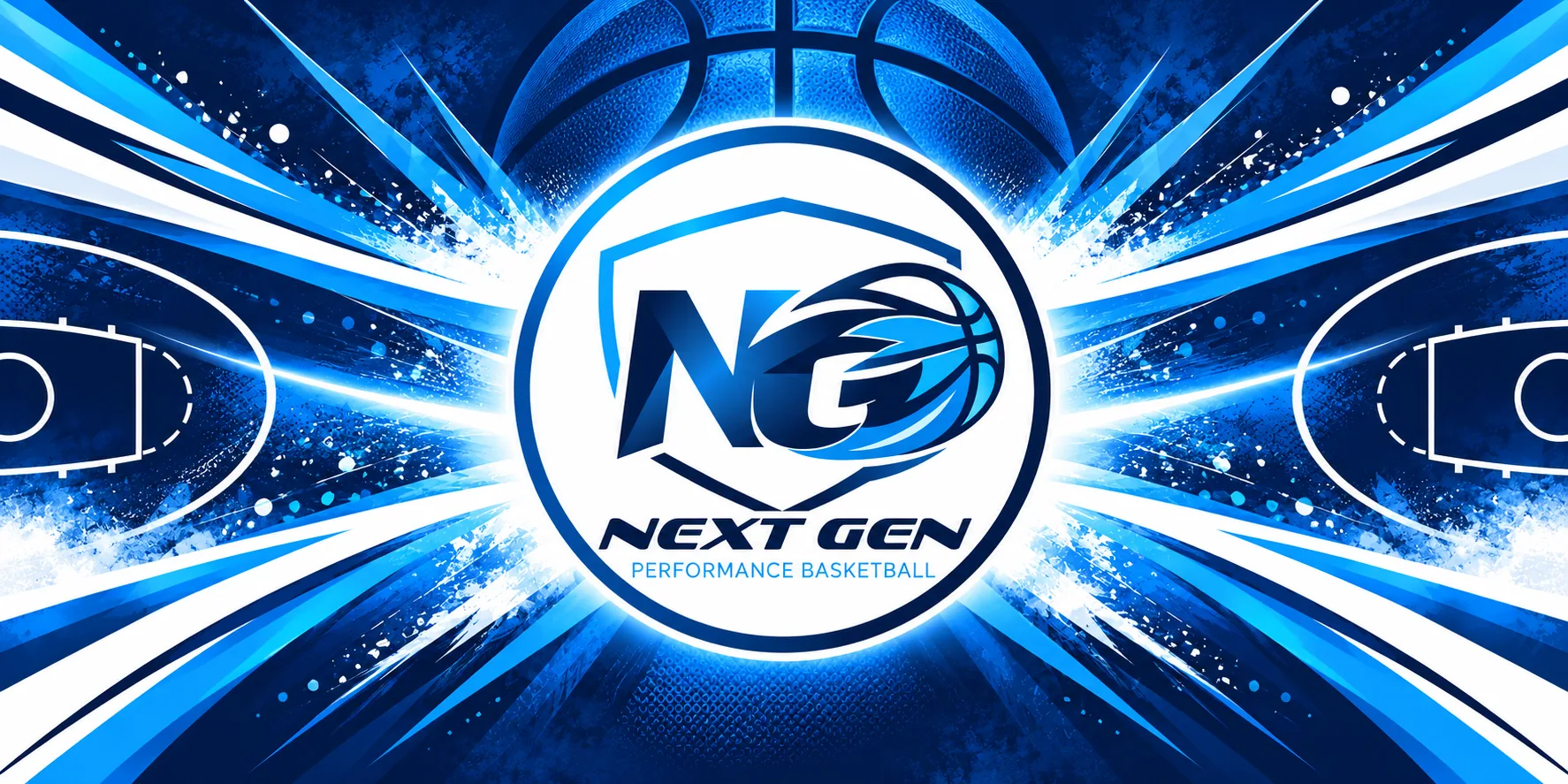 Next Gen embleem met basketbal, snelheidslijnen en courtlijnen