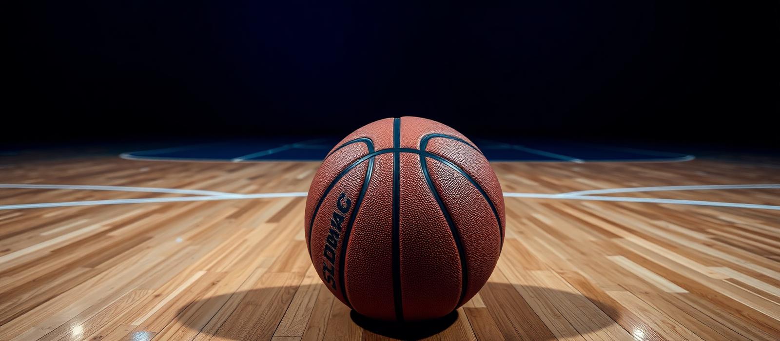 Basketbal op een houten parket met courtlijnen